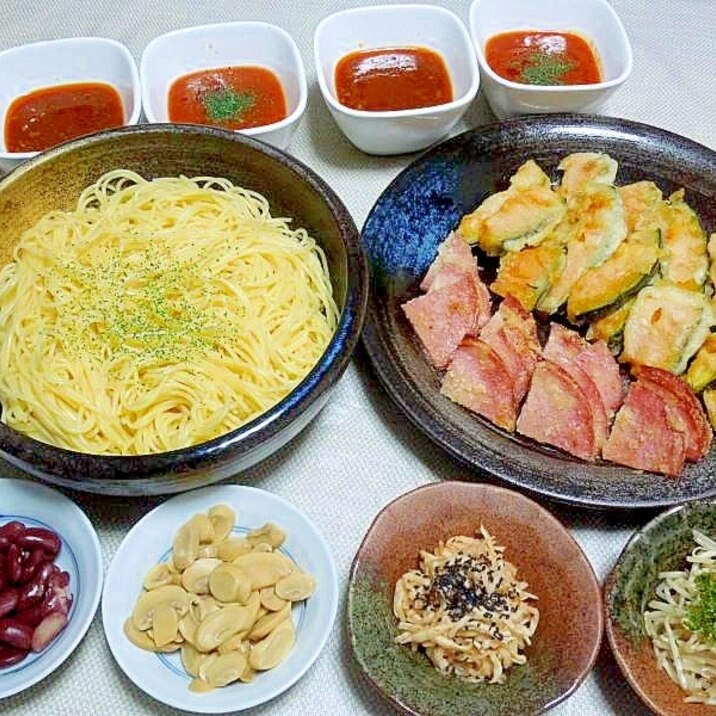 つけスパゲティ*ハムカツ*かぼちゃの衣焼き
